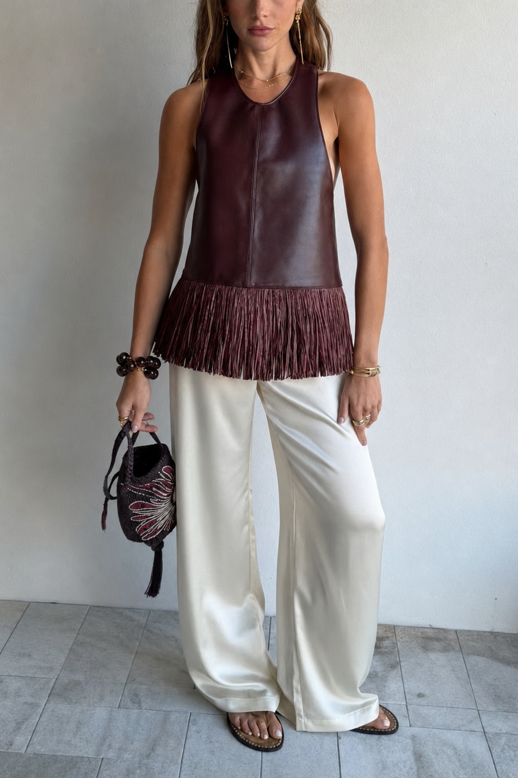 Edgy Faux Leather Halter Neck Tassel Top - 6