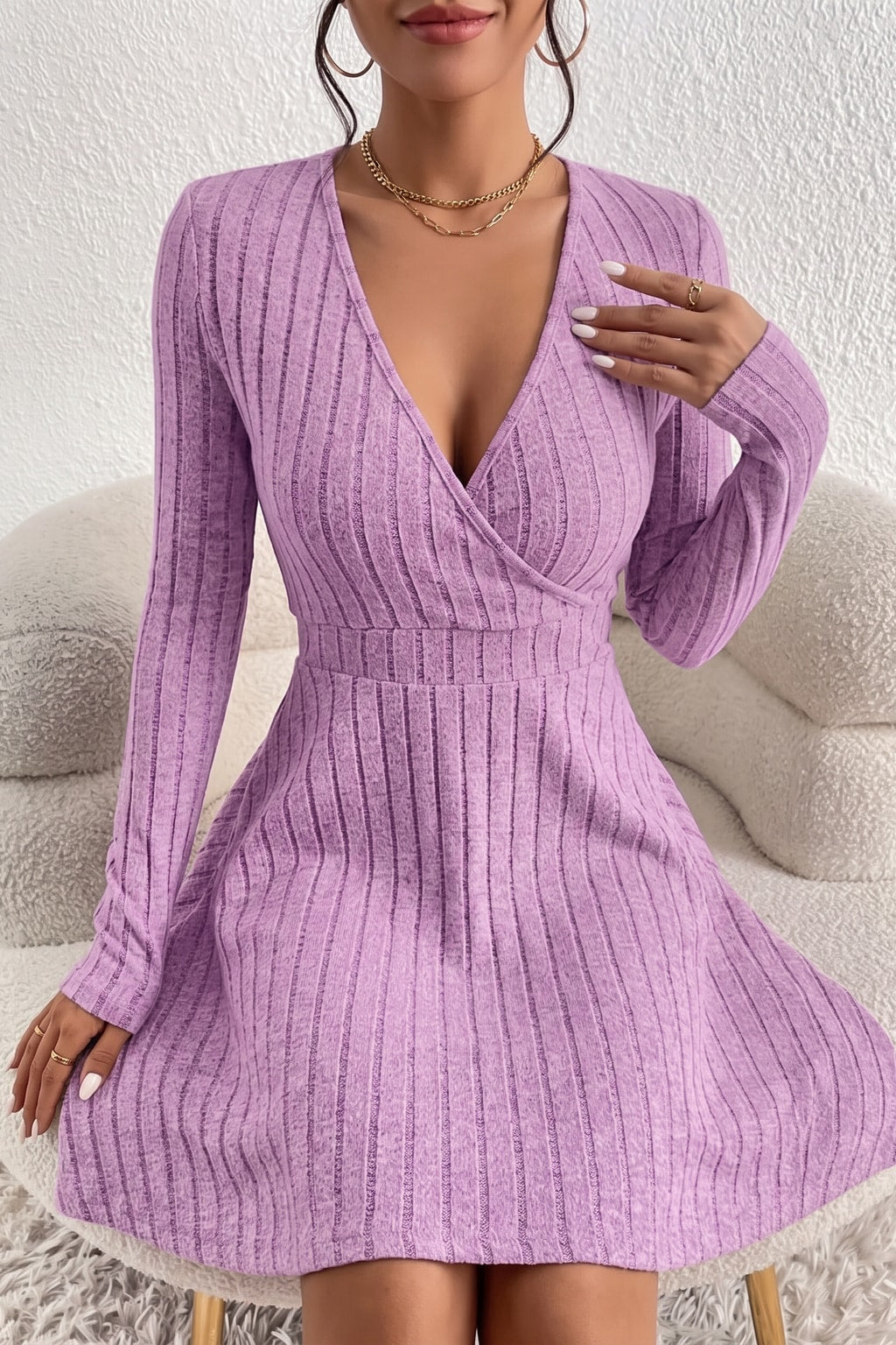Stretch Knit A-Line Dress with V-Neck - 3