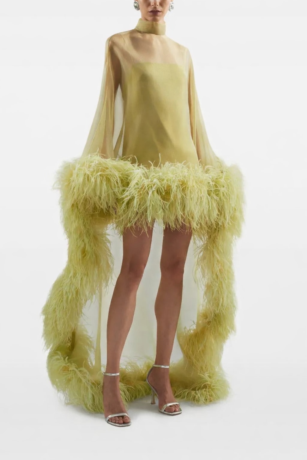 Tulle Maxi Dress With Feather Trim And High Neck Cape - 2