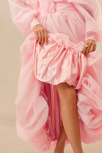 Pink V-neck puff sleeve organza maxi dress - view 5