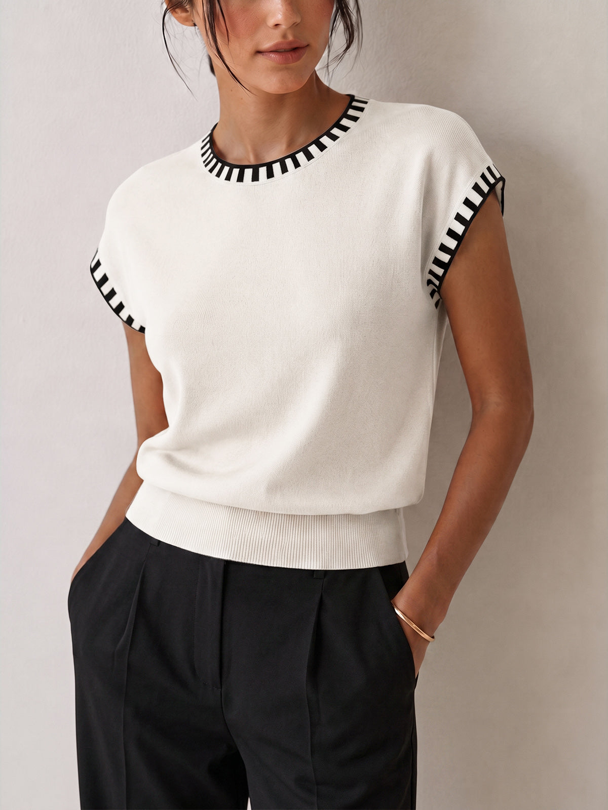 Knit Cap Sleeve Top With Contrast Trim - 7