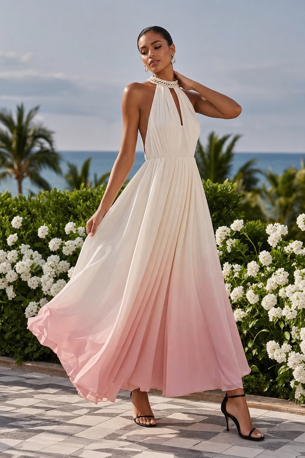 Chiffon Halter Maxi Dress With Pearl Cutout Detail - 2