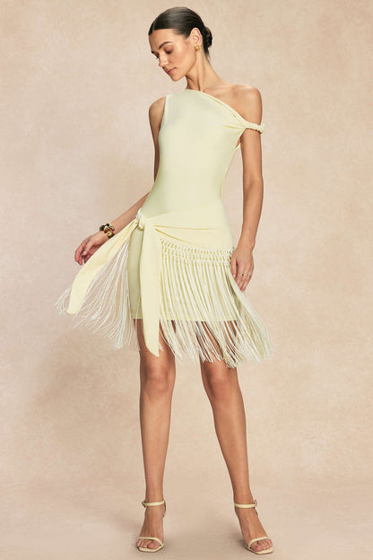 Fringe Twist-Knot Mini Dress in Cream Yellow - view 3