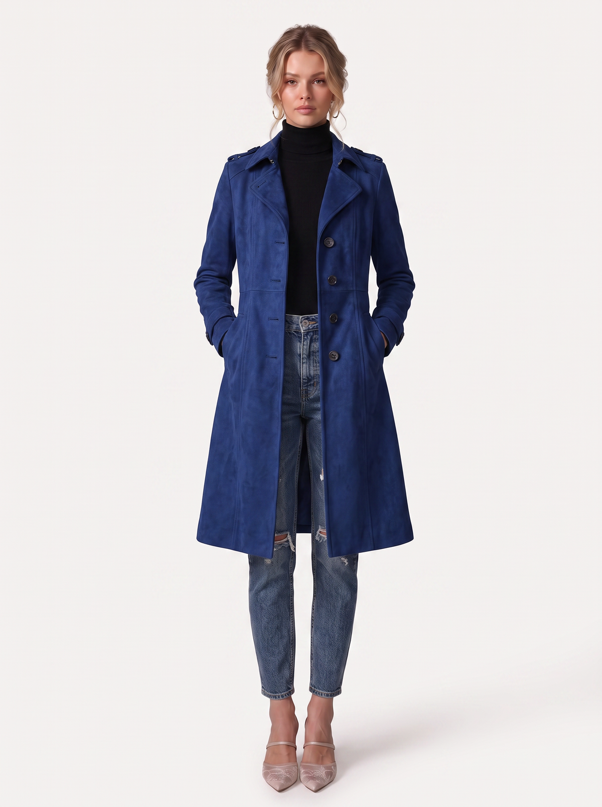Faux Suede Longline Trench Coat with Pockets - view 3