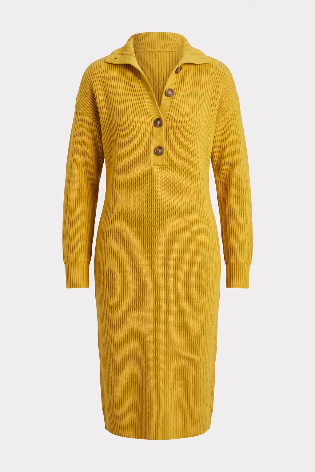 Ribbed Knit Sweater Dress With V-Neck - 1