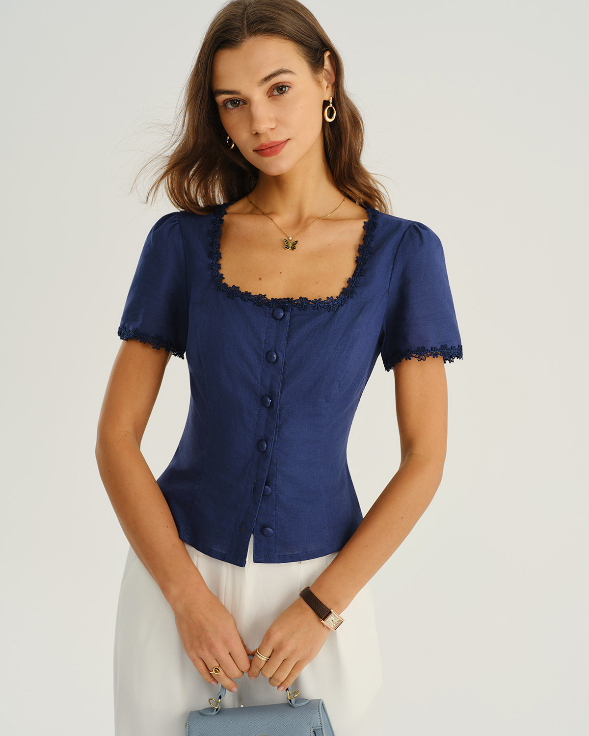 Navy square neck cotton linen button-front blouse - view 2