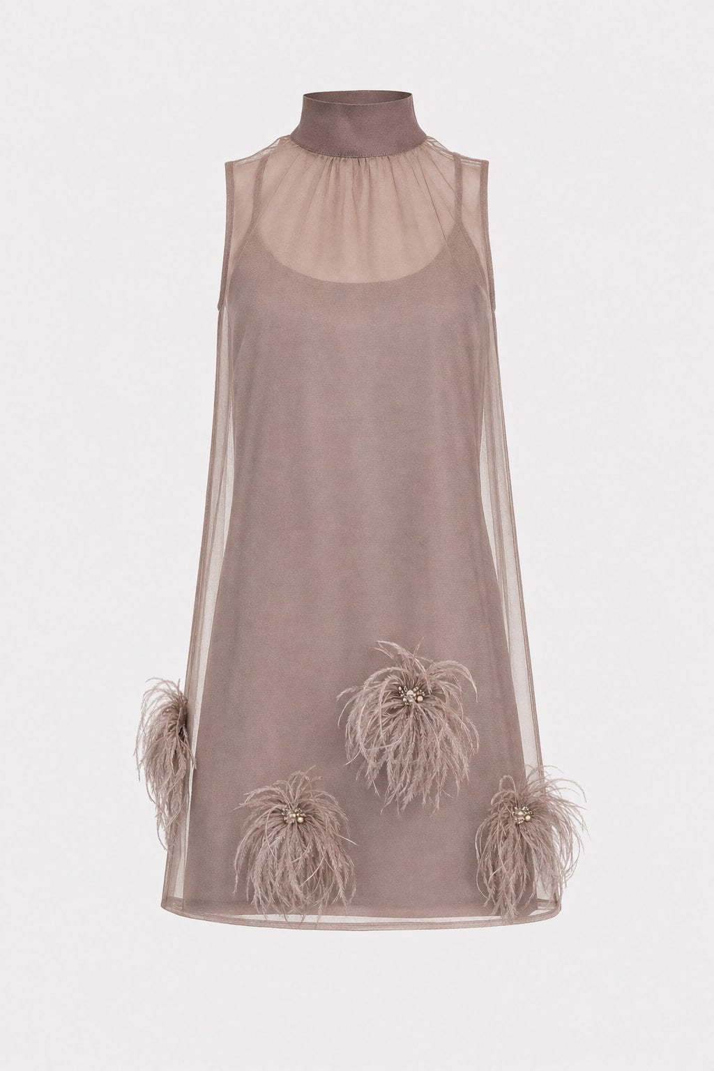 Taupe Sheer Chiffon Feather-Trim Mini Dress - 1