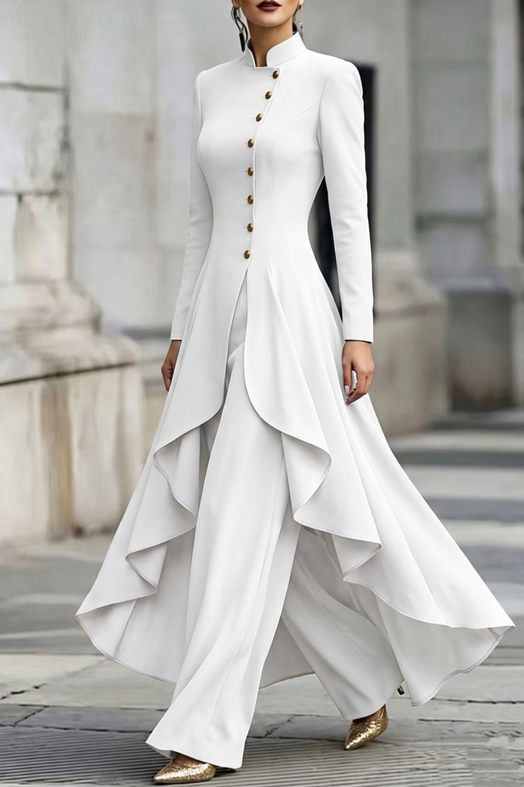Polyester Two-Piece Set With High-Low Top And Wide-Leg Pants - 3