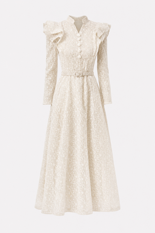 Beige floral embroidery belted maxi dress