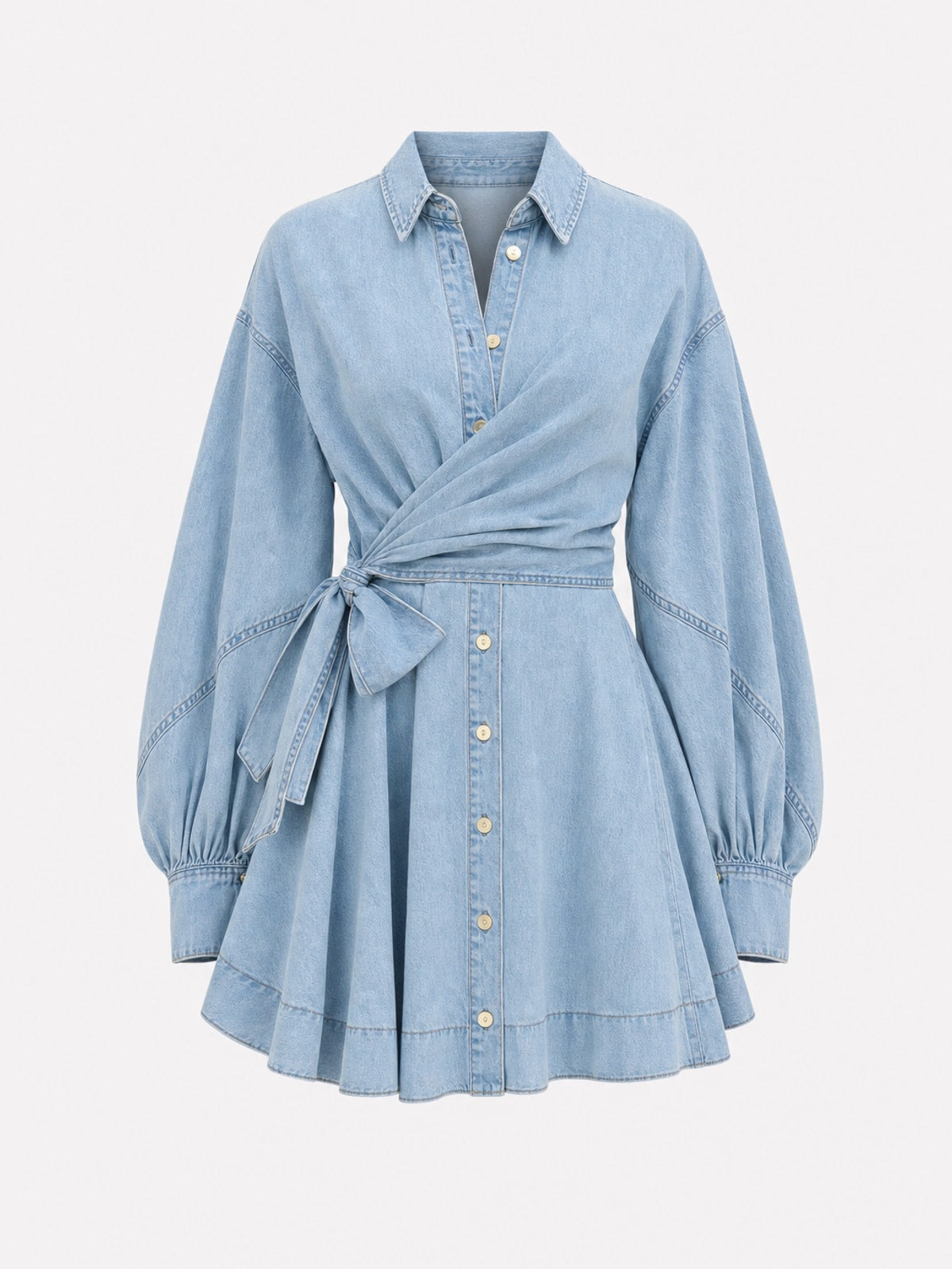 Timeless Denim Wrap Mini Dress With Balloon Sleeves - 1