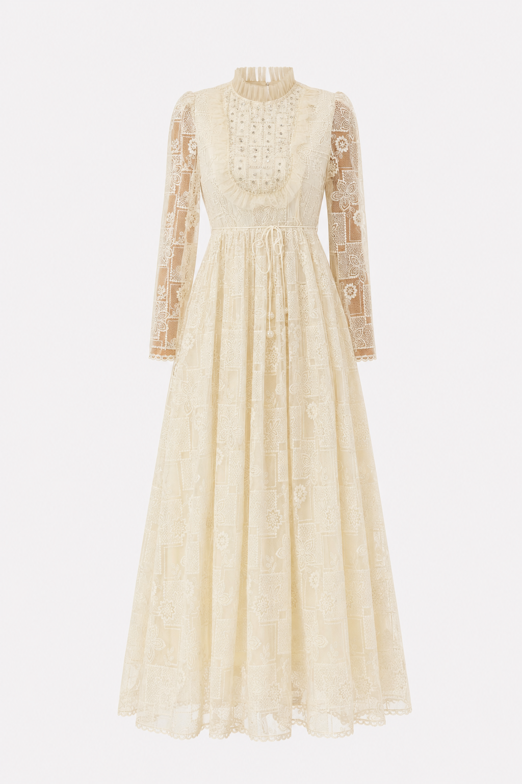 Beige Floral Lace Maxi Dress, Drawstring Waist
