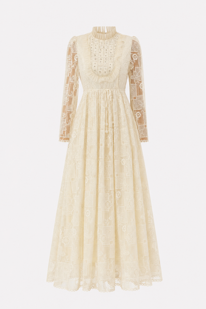 Beige Floral Lace Maxi Dress, Drawstring Waist
