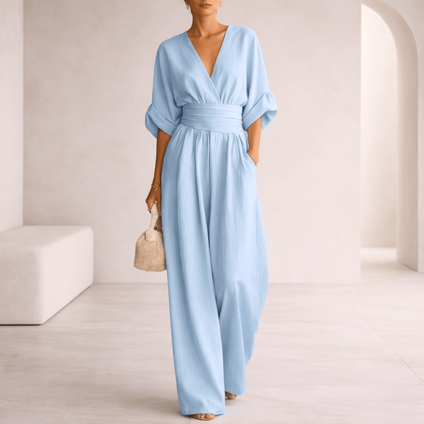 Wide leg V-neck jumpsuit with draped waist - view 4