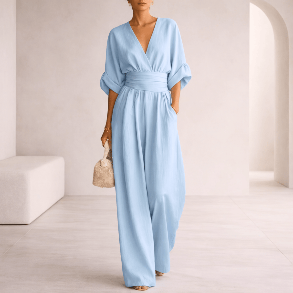 Lightweight Wide Leg V-Neck Jumpsuit - 4