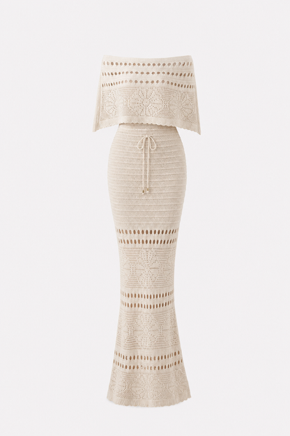 Apricot Knit Maxi Dress with Draped Shawl