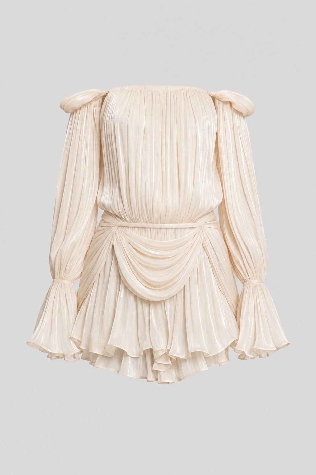 Ivory Pleated Chiffon Mini Dress With Balloon Sleeves - 1