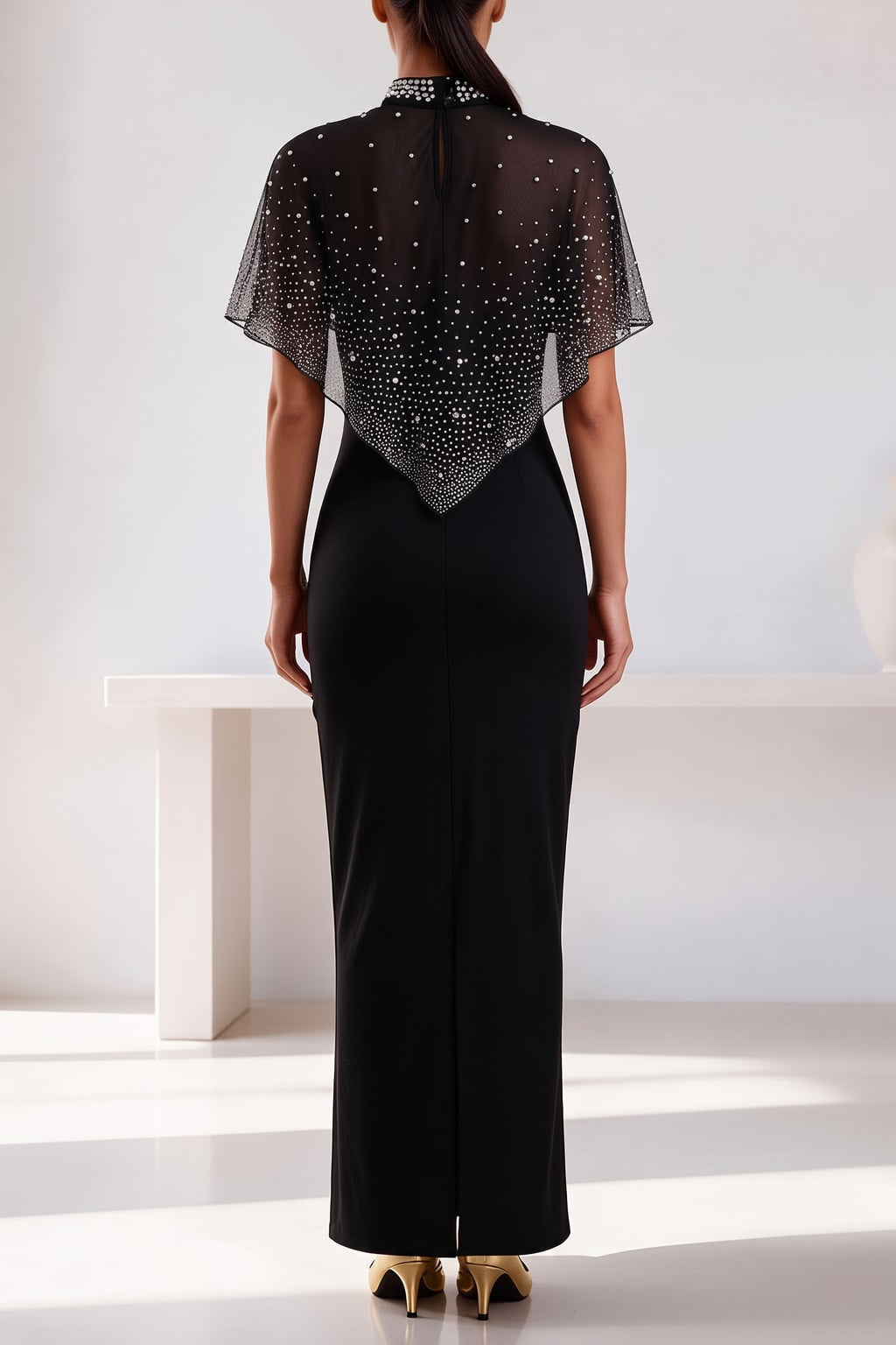 Polyester High-Neck Cape Sleeve Maxi Dress - 3