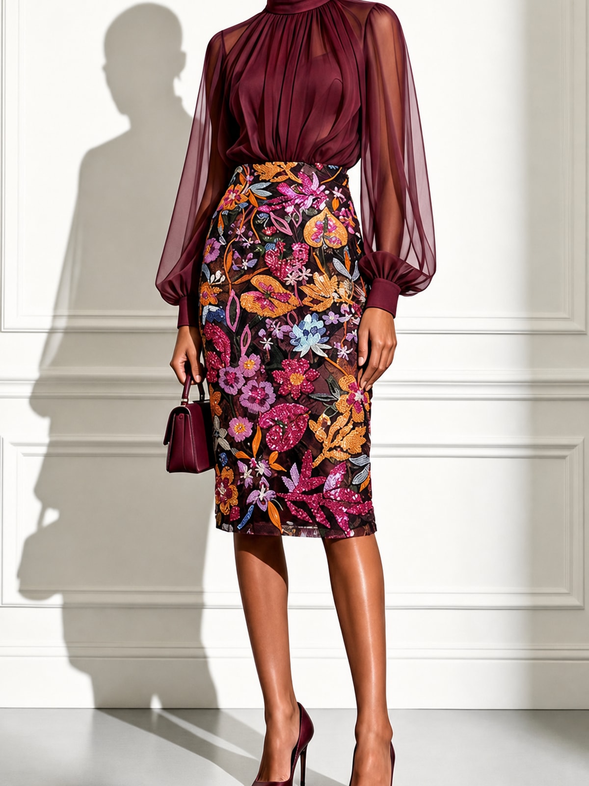 Effortless Chiffon Midi Dress With Lantern Sleeves - 4