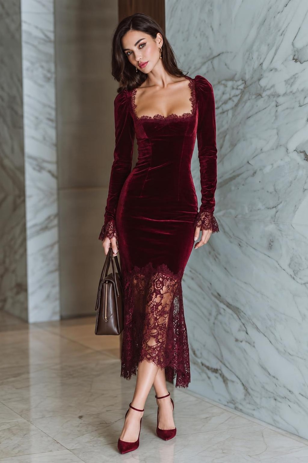 Velvet Midi Dress With Lace Trim - 4