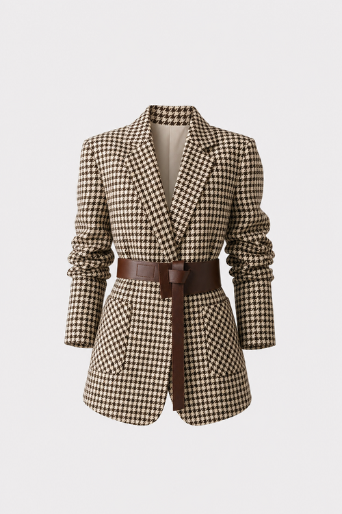 Khaki Houndstooth Belted Blazer, Split Back