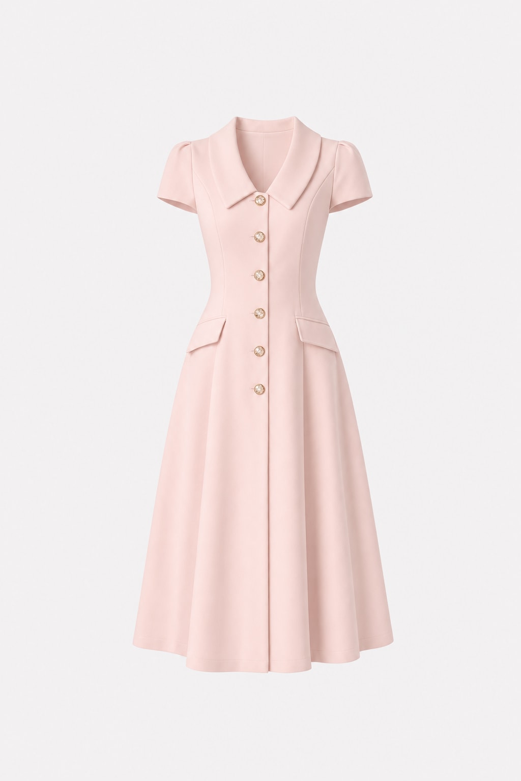 Terylene Pointed Collar Cap Sleeve Midi Dress - 1