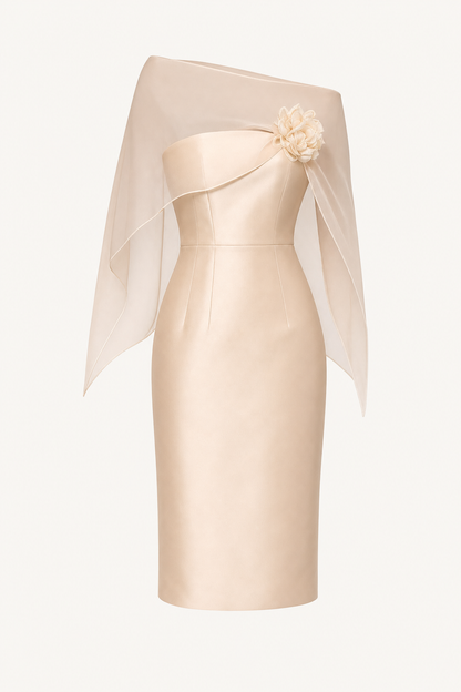Strapless Rosette Midi Dress in Apricot