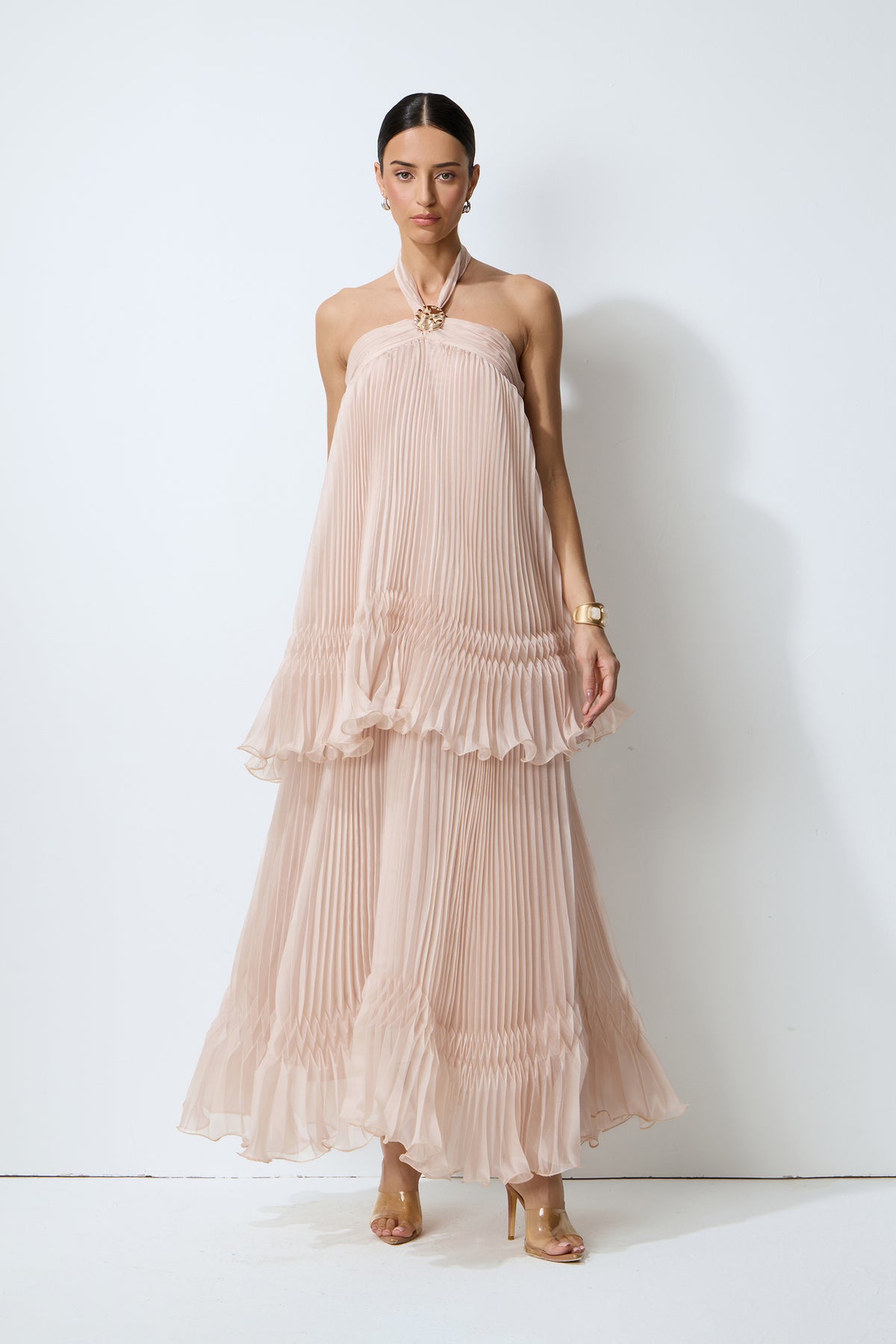 Pink Halter Pleated Maxi Dress With Ruffles - view 2