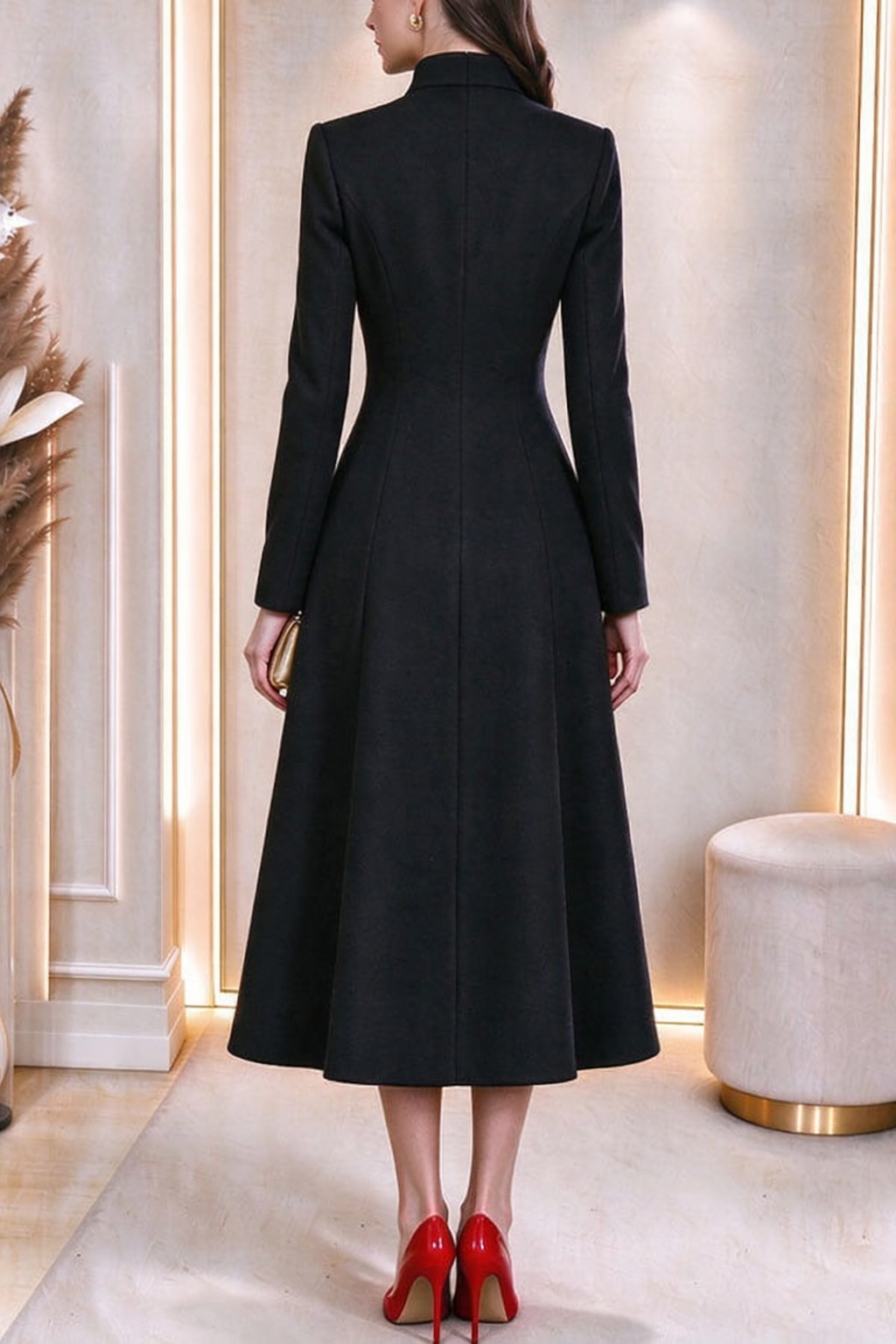 Polyester Midi Dress With Stand Collar And A-line Cut - 3