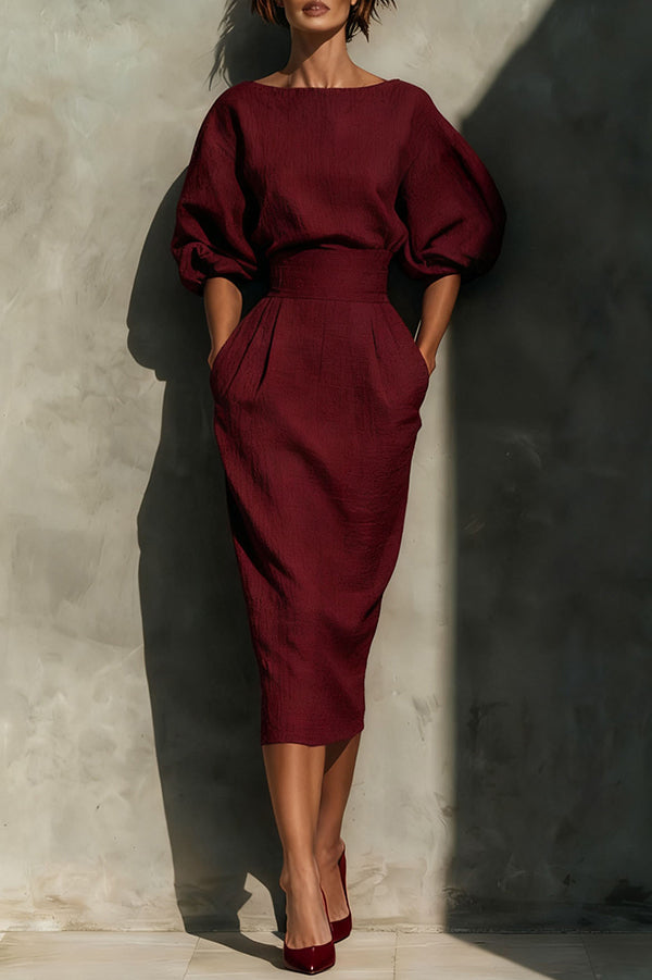 Puff Sleeve High-Waisted Midi Dress - view 3