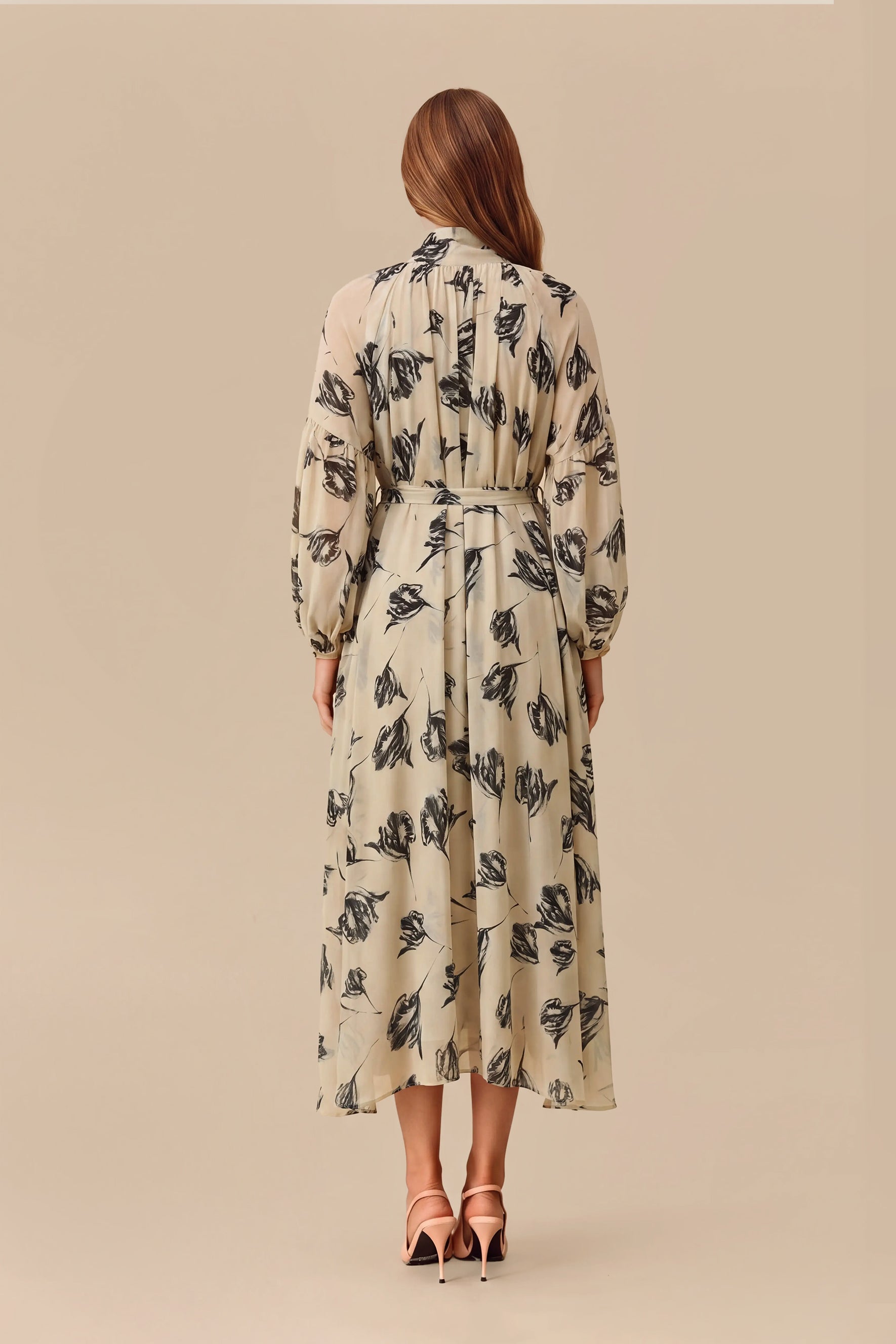 Beige Floral Chiffon Puff Sleeve Maxi Dress - view 4