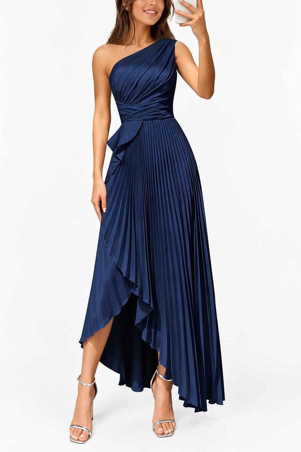 Satin Maxi Dress With One-Shoulder Neckline - 17