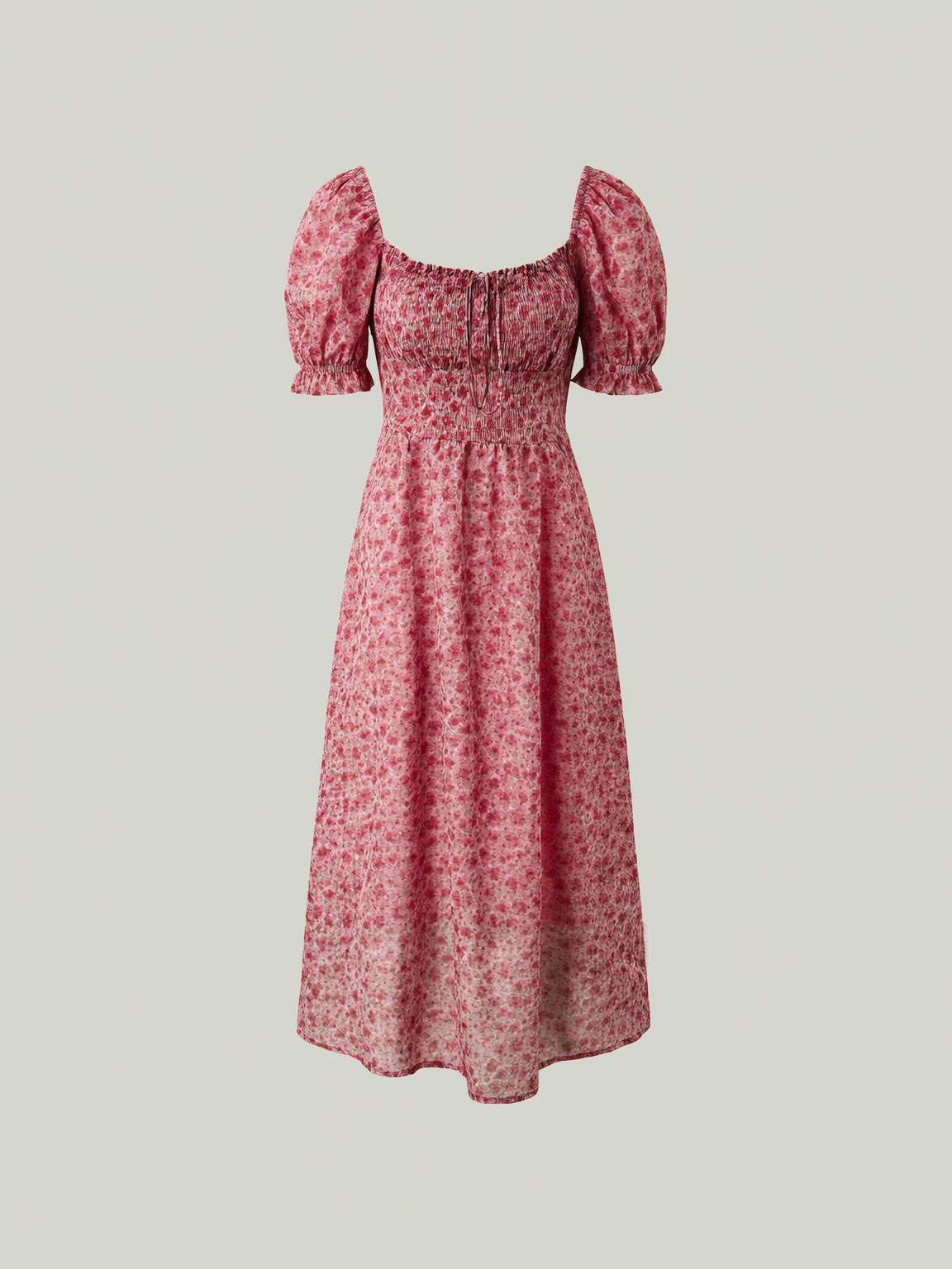 Pink Floral Chiffon Square Neck Midi Dress