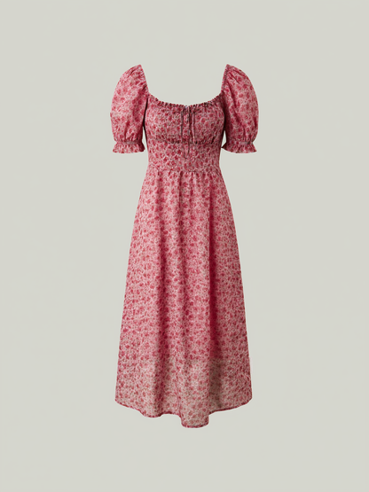 Pink Floral Chiffon Square Neck Midi Dress