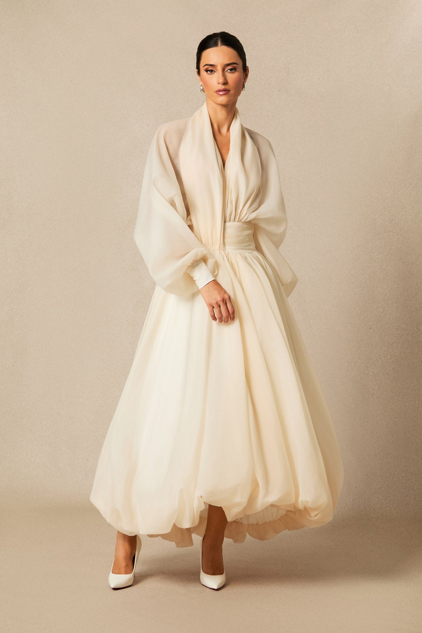 Beige Deep V Puff Sleeve Chiffon Maxi Dress - view 2