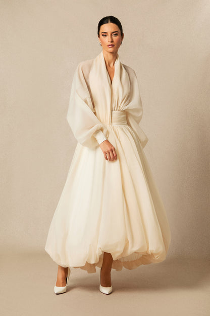Beige Deep V Puff Sleeve Chiffon Maxi Dress - view 2