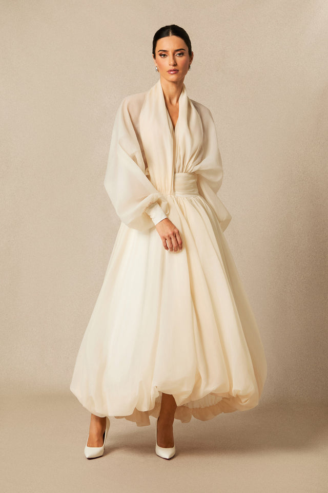Deep V-Neck Puff Sleeve Chiffon Maxi Dress for Wedding Guests - 2