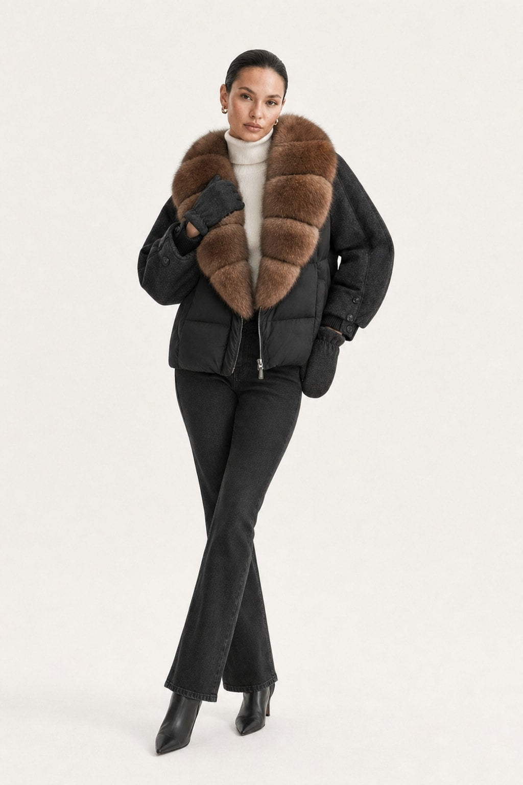 Duck Down Puffer Jacket With Detachable Fur Collar - 5