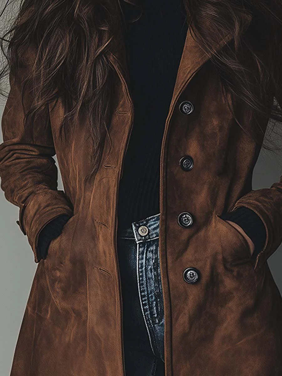 Faux Suede Longline Trench Coat with Pockets - view 7