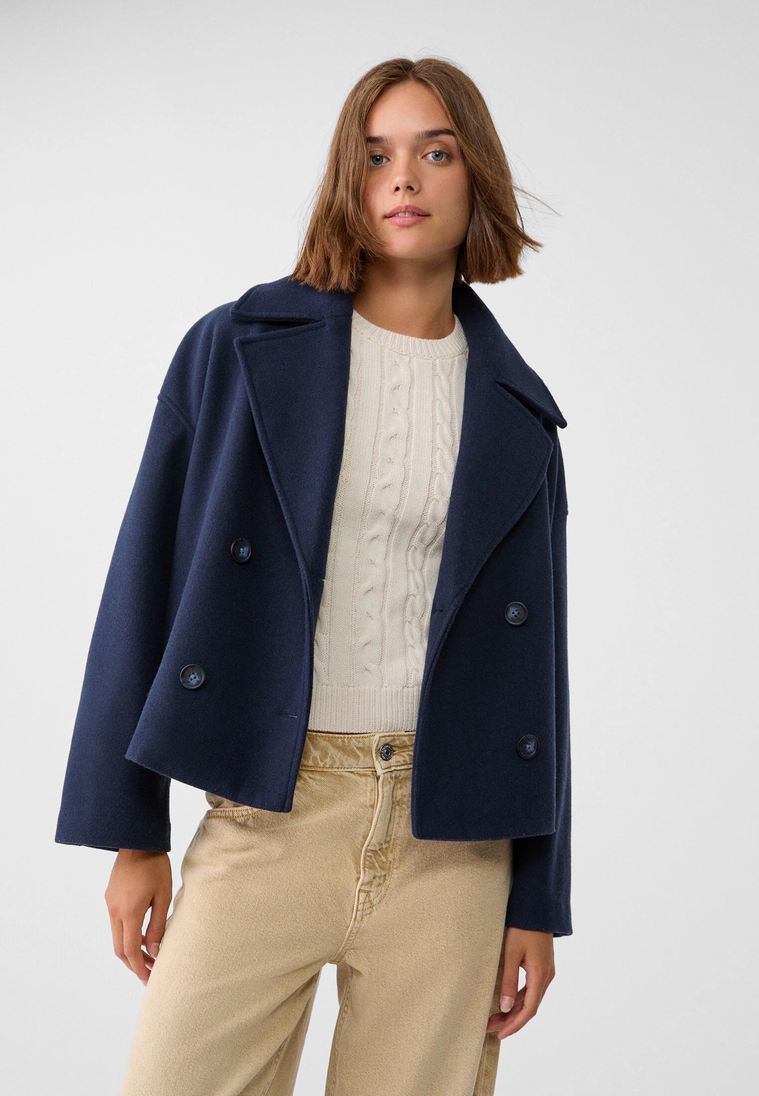 Cropped wool blend peacoat with notch lapel - view 6