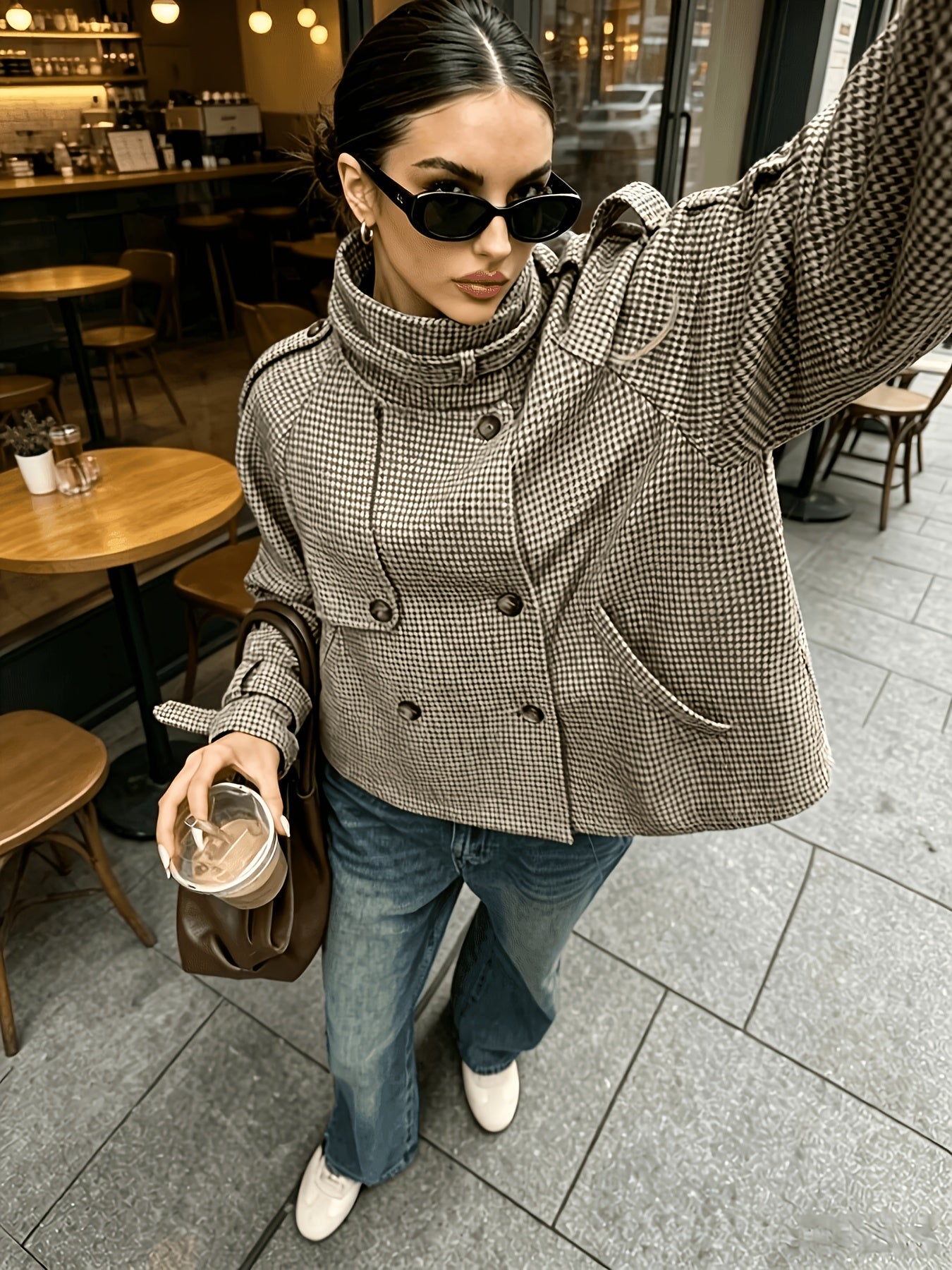 Khaki Houndstooth Cropped Jacket, Stand Collar - view 5