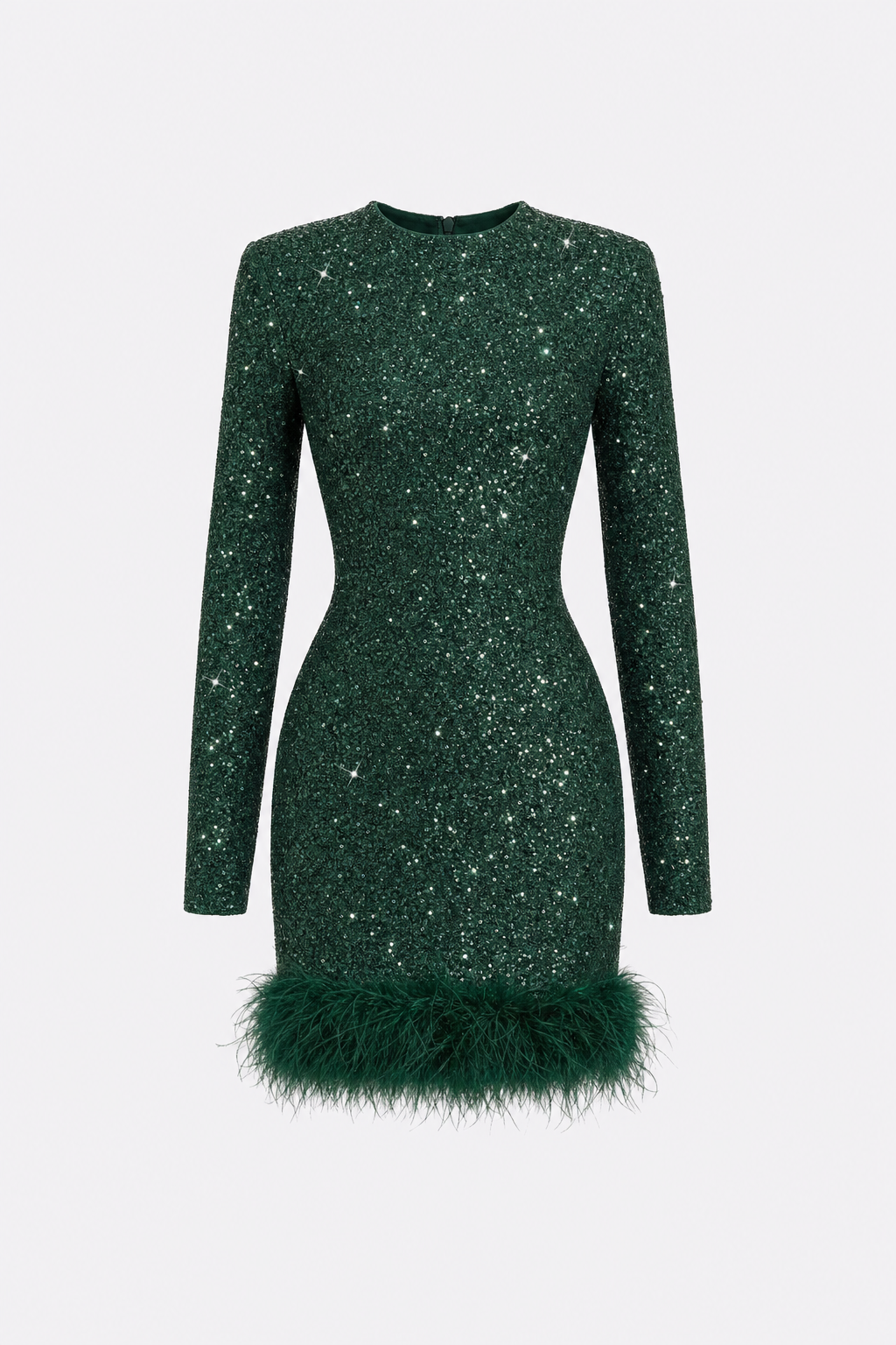 Sequin long sleeve mini dress with feather hem