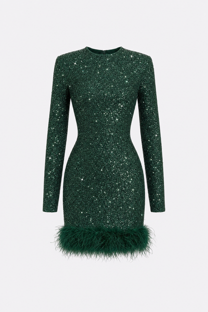 Sequin long sleeve mini dress with feather hem