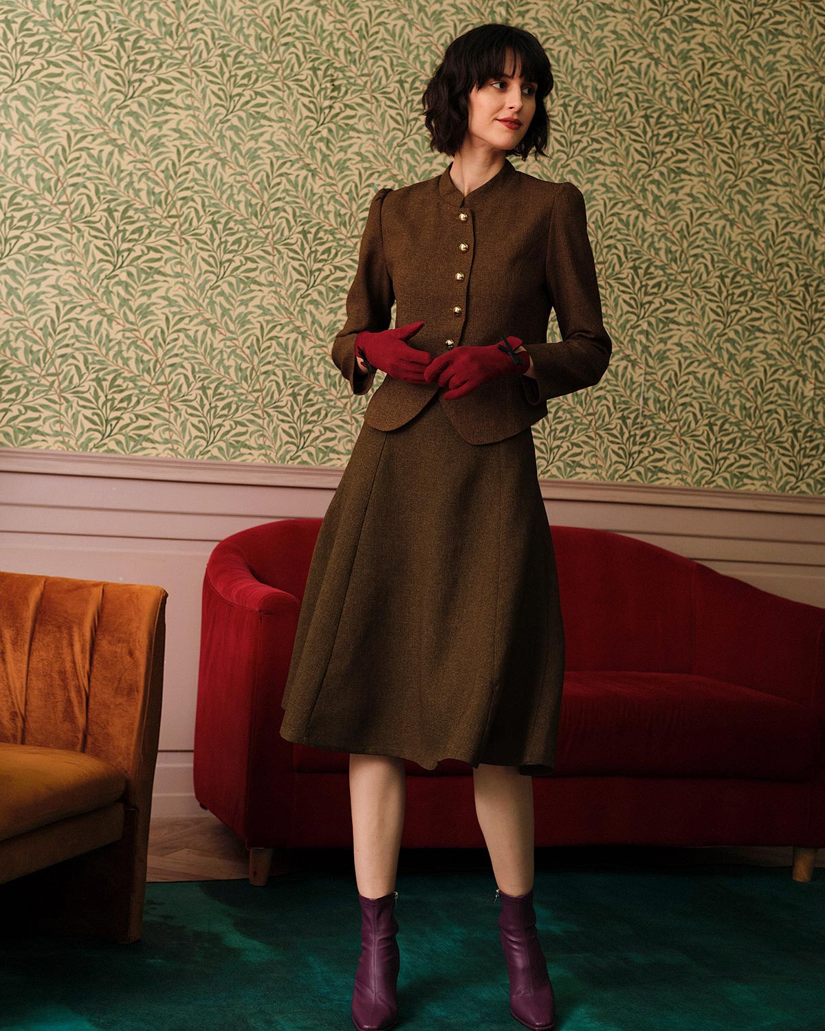 Brown High-Waisted Pleated Tweed Skirt - view 5