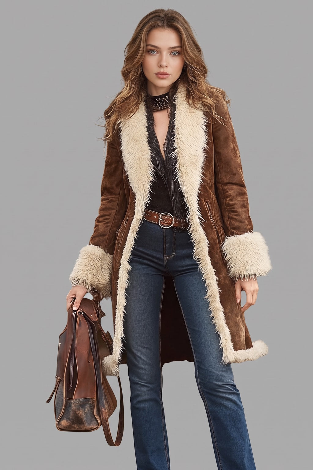 Suede Knee-Length Coat with Patchwork Design - 4
