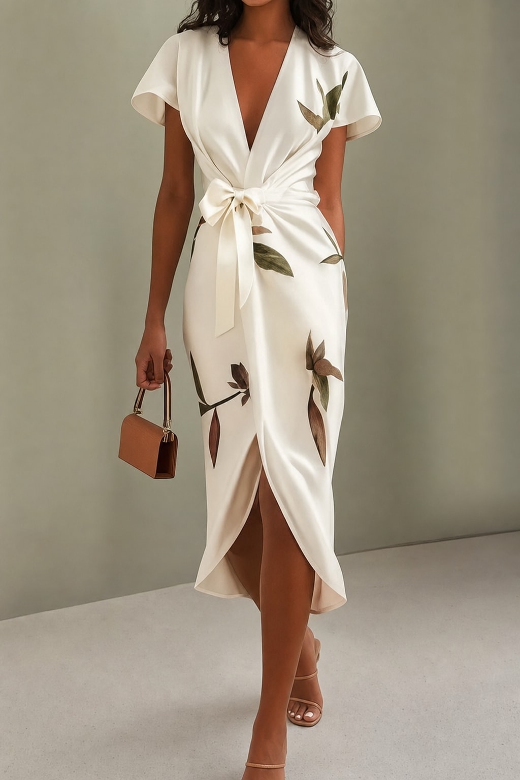 Satin Wrap Midi Dress With Leaf Print - 3