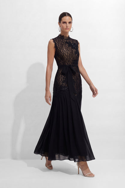 Floral Applique Lace and Chiffon Maxi Dress - view 7