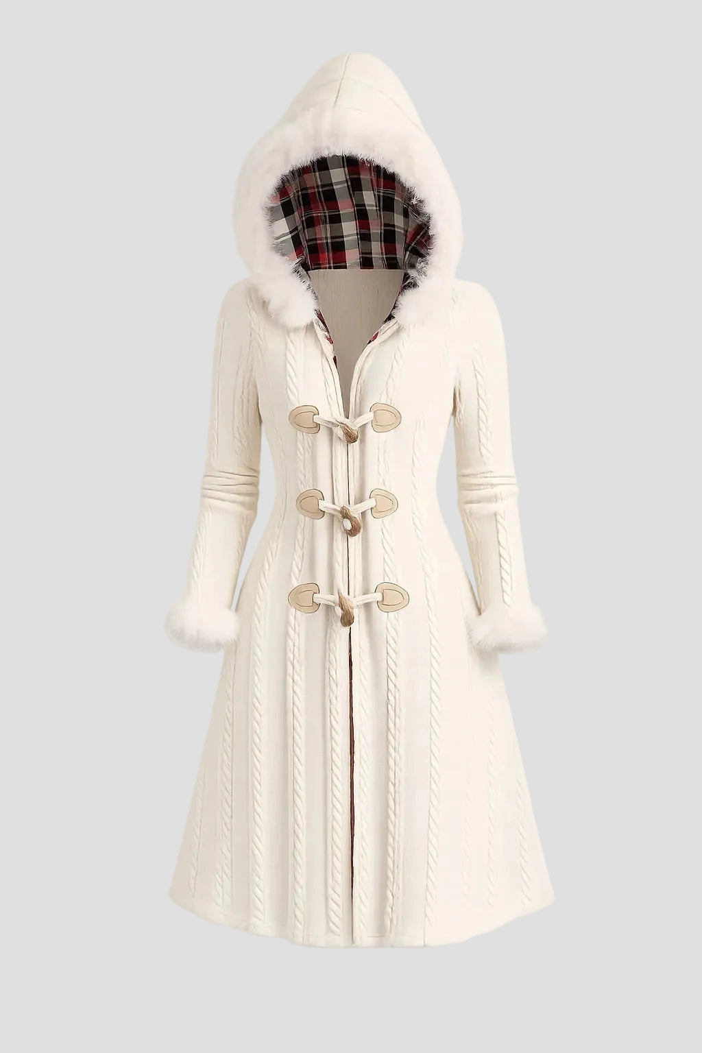Knit Hooded Overcoat With Checkered Patchwork - 1