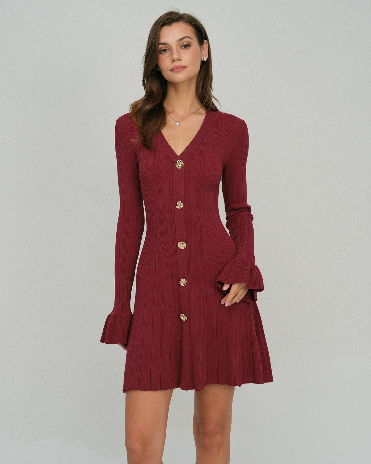 Wine red A-line bell sleeve knit mini dress - view 3