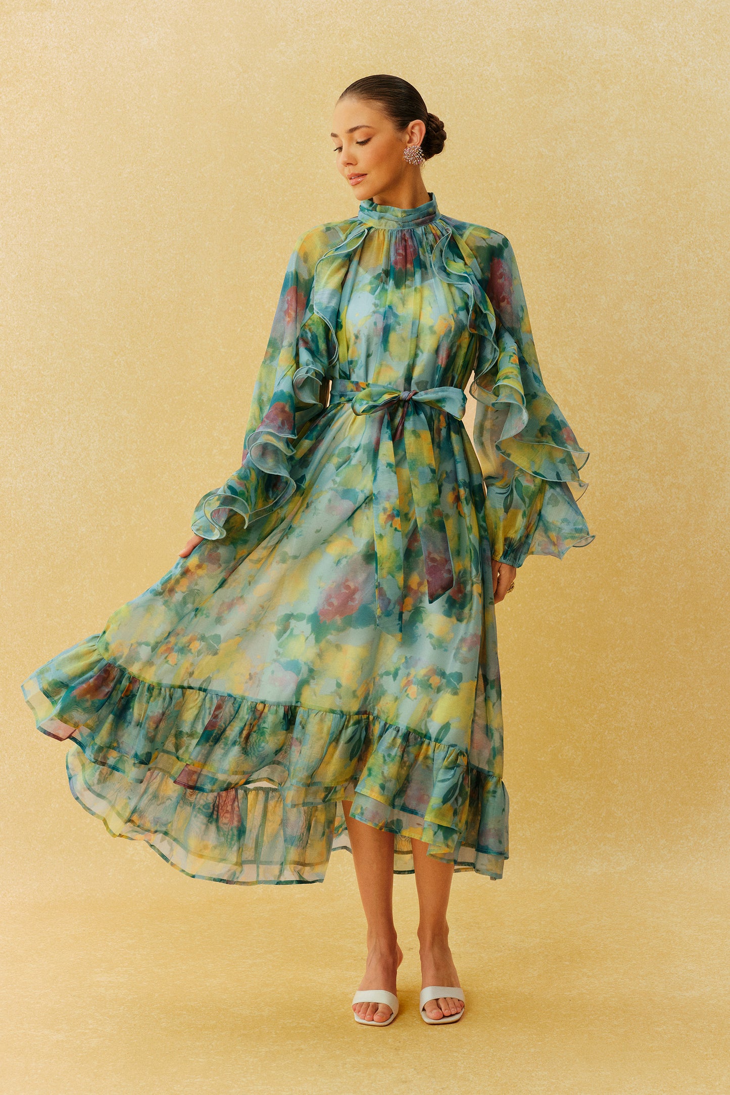 Green ruffle sleeve high neck midi dress - view 6