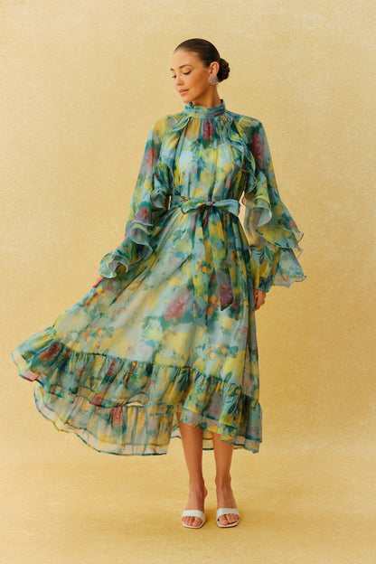 Green ruffle sleeve high neck midi dress - view 6